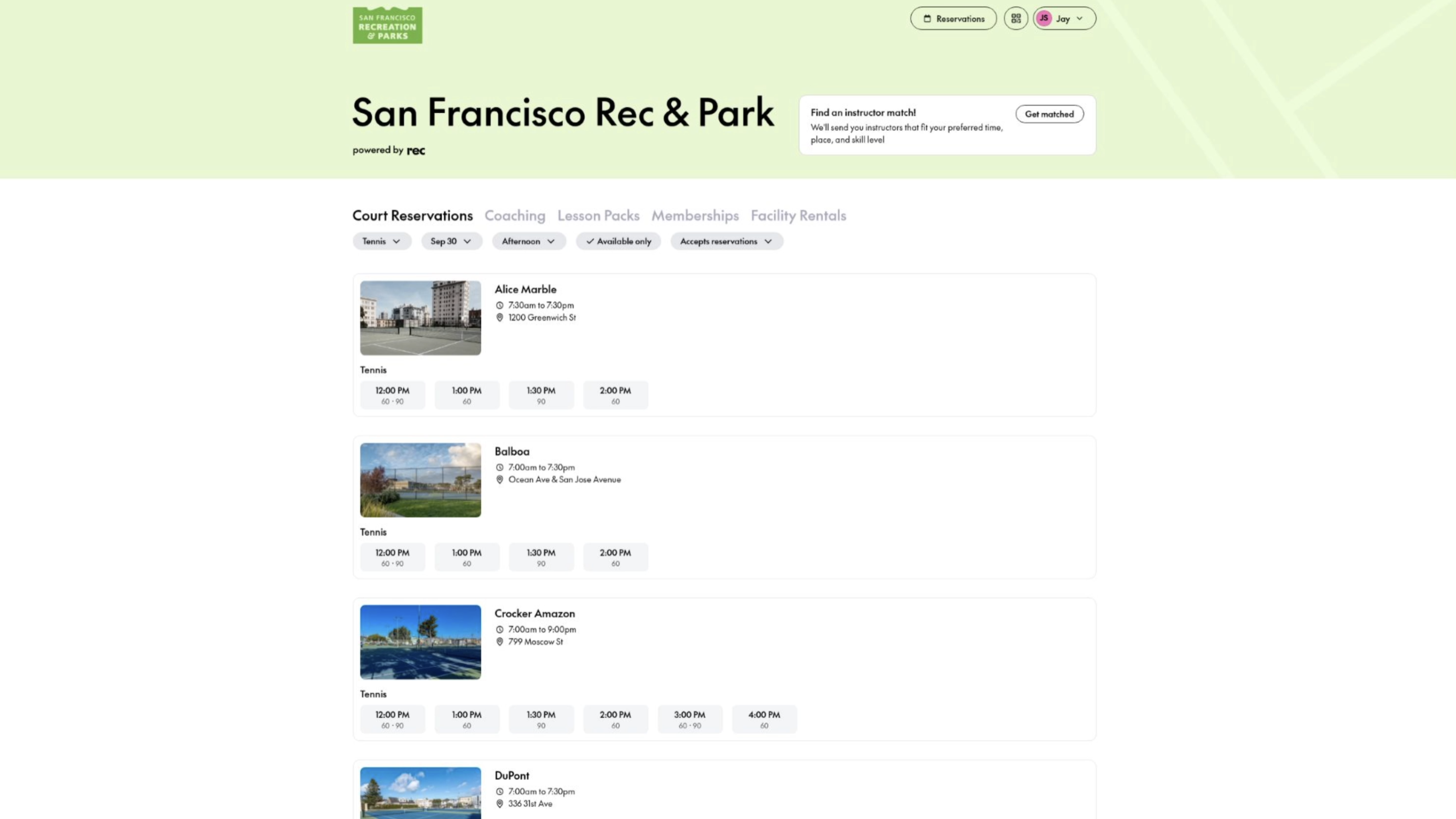Reserving pickleball courts in San Francisco 
